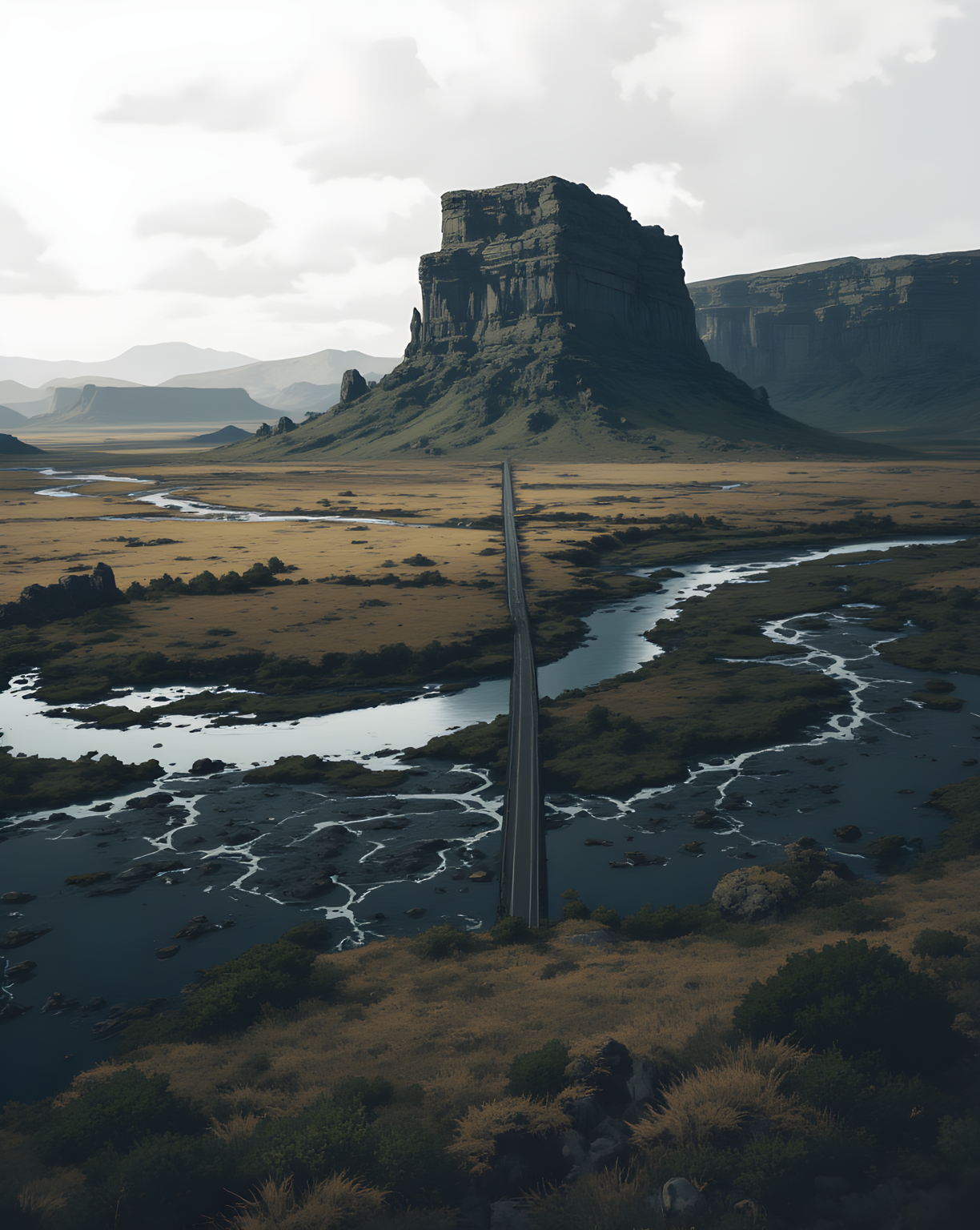 A striking landscape featuring a vast, open expanse of rugged terrain. The scene is dominated by a prominent, towering rock formation in the center, which rises sharply from the flat, arid surroundings. The rock appears to be layered, with distinct horizontal strata visible on its surface, suggesting geological formations shaped over time by natural forces.
A winding river cuts through the landscape, carving intricate patterns across the dark, reflective waters that contrast sharply with the lighter tones of the surrounding land. The river meanders around the base of the rock formation, adding a sense of movement and dynamism to the otherwise still environment. 
In the foreground, a long, straight road stretches across the frame, leading towards the distant horizon. The road divides the scene diagonally, creating a strong visual line that guides the viewer's eye through the composition. The overall atmosphere is serene yet dramatic, with muted earthy tones and soft lighting that enhance the stark beauty of the natural elements. The image captures the raw, untamed essence of a remote and expansive wilderness.
j_art, anime, anime art, <lora:FLUX\jul\J_Anime:0.7>, <lora:FLUX\RealAnime:0.7>