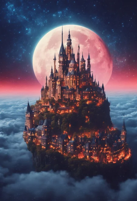 a fantasy landscape. city oft the Future. small city. City over the clouds. moon in background. stars.
perfection style, architecture, architecture, Futurism, FRESHIDEAS Castle in the sky, Starry Sky, Galaxy, vivid colors, colorful