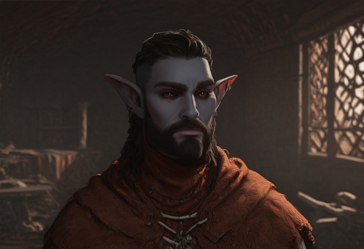 solo, short pointy ears, piercings, random elf face, aquiline features, male dark elf, masculine, beard, weathered skin, large nose, athletic build,  animated realism, zoomed out, Syrian features, torso, brass pipes and gears, intricate architecture, dwarven masonry, dwemer fixtures, white-green light, gloomy lighting, ancient ruins, interior, stone tiled floor, grey-blue skin, mahogany and ivory clothes, medium armor, bone plate armor, ivory straps and fittings, grey wood neckguard, dark red sclera, black pupils, distant mushroom forest, blue-green light, neon, highly detailed, defined features, looking at viewer, three quarters view, from front, dynamic lighting, 36 years old, light and shadows, patterned cloth, annoyed expression, expressive eyes, detailed medieval clothes, long hair, wavy hair, thick hair, beaded hair, braided hair, under cut hair, semirealistic, alien elf, spanish features, jewish features, black hair, dark red hair, umber skin, sharp features, pastel green berber print cloak, nighttime, high detail, absurdres, pretty eyes, detailed eyes, red eyes,