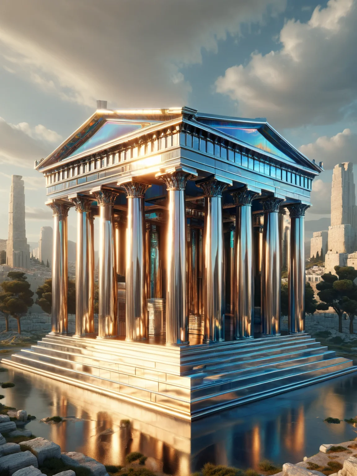 An ais-metalz rendition of an ancient Greek temple, juxtaposed against a futuristic city skyline, illustrating a blend of historical architecture with modern design <lora:Metallic_Iridescence_SDXL:1>
