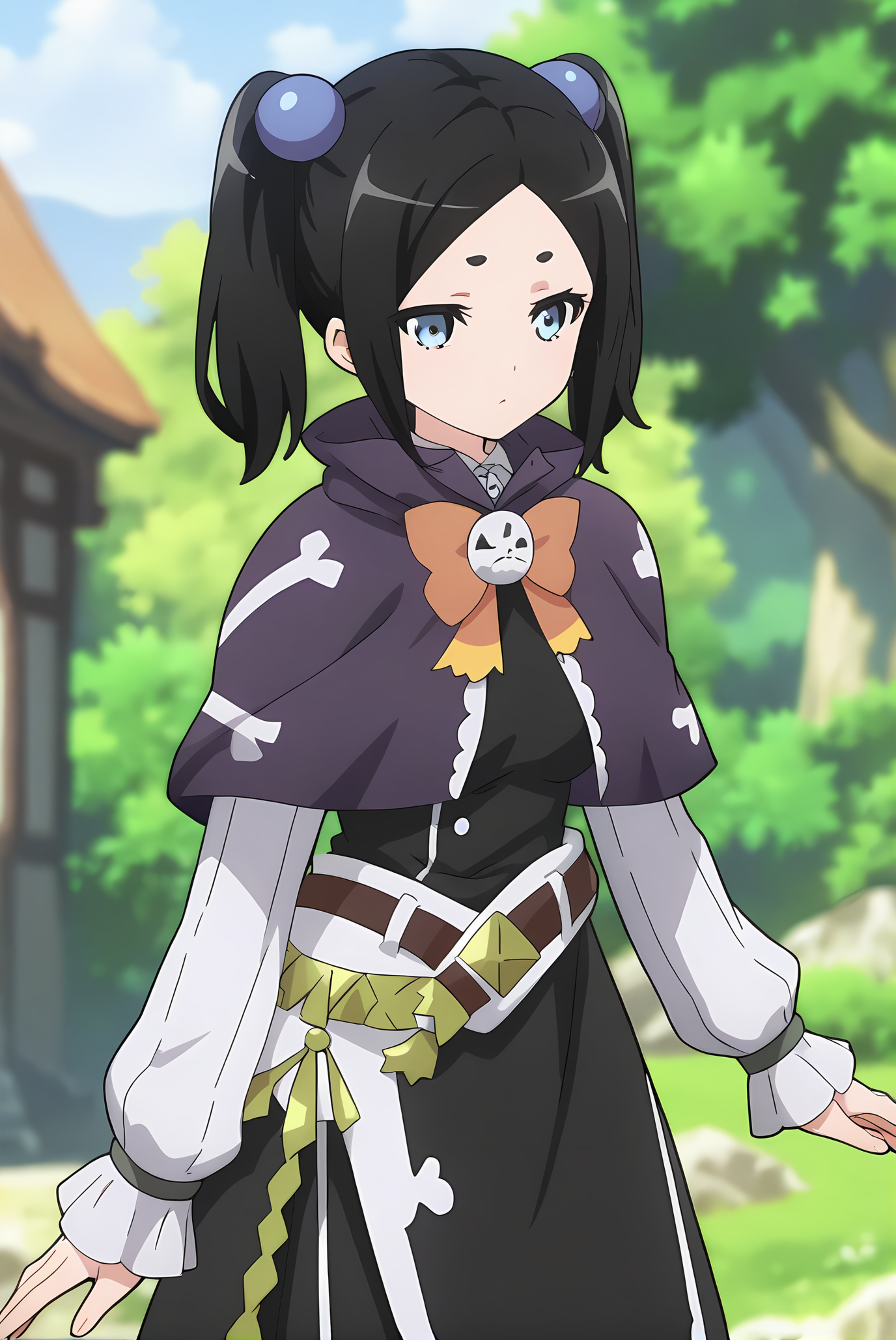 (purple capelet black dress belt black pantyhose:1.30), ig-toxico, black hair, short twintails, blue eyes, blue hair bobbles, medium breasts, 1girl, solo, skinny, score_9, score_8_up, score_8, score_7_up, score_7, score_6_up, score_6, score_5_up, score_5, source_anime, happy, outdoors, (0.2:close-up depth of field:1.20), (:1.20), , <lora:ig-toxico-V02-000004:0.90>