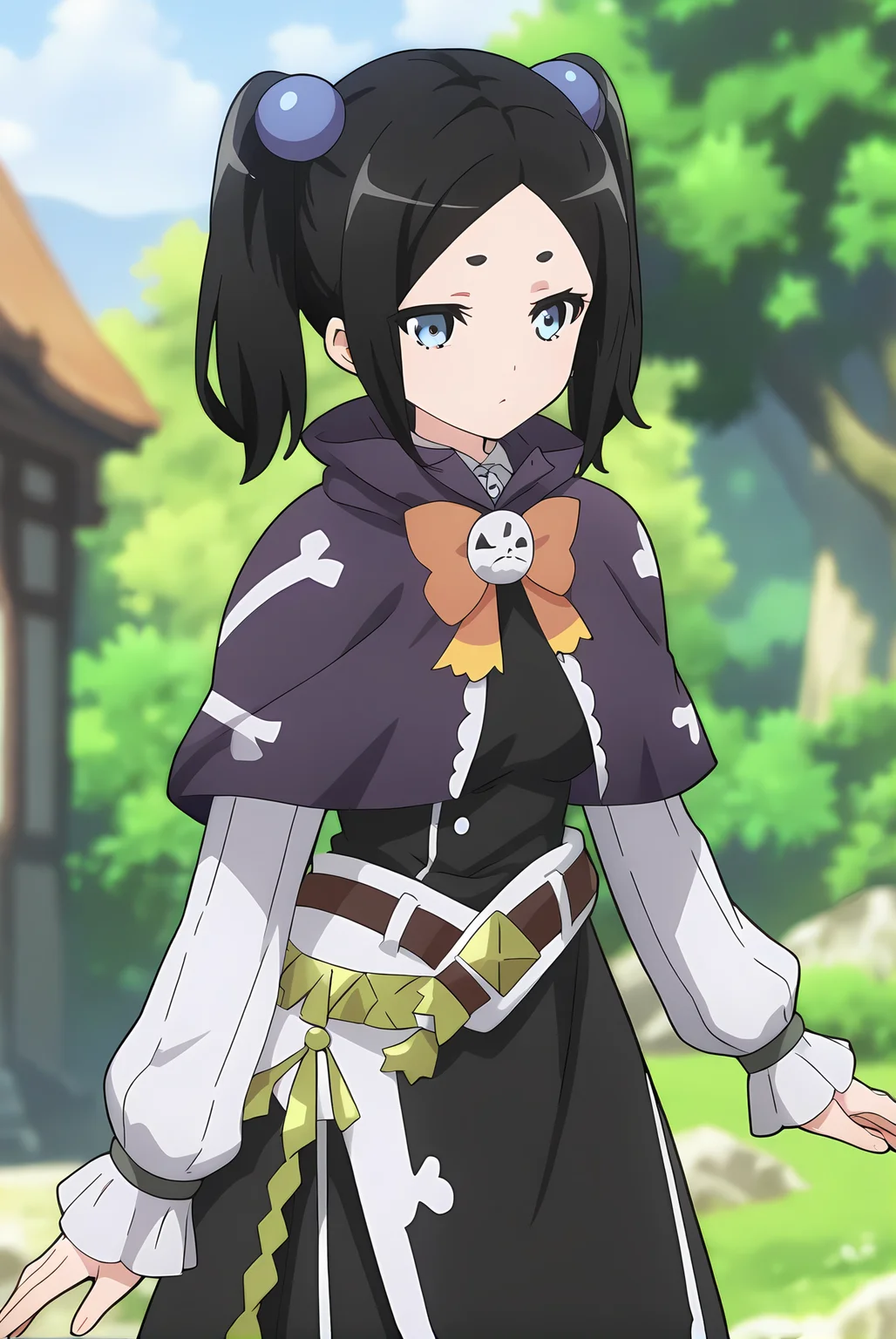 (purple capelet black dress belt black pantyhose:1.30), ig-toxico, black hair, short twintails, blue eyes, blue hair bobbles, medium breasts, 1girl, solo, skinny, score_9, score_8_up, score_8, score_7_up, score_7, score_6_up, score_6, score_5_up, score_5, source_anime, happy, outdoors, (0.2:close-up depth of field:1.20), (:1.20), , <lora:ig-toxico-V02-000004:0.90>