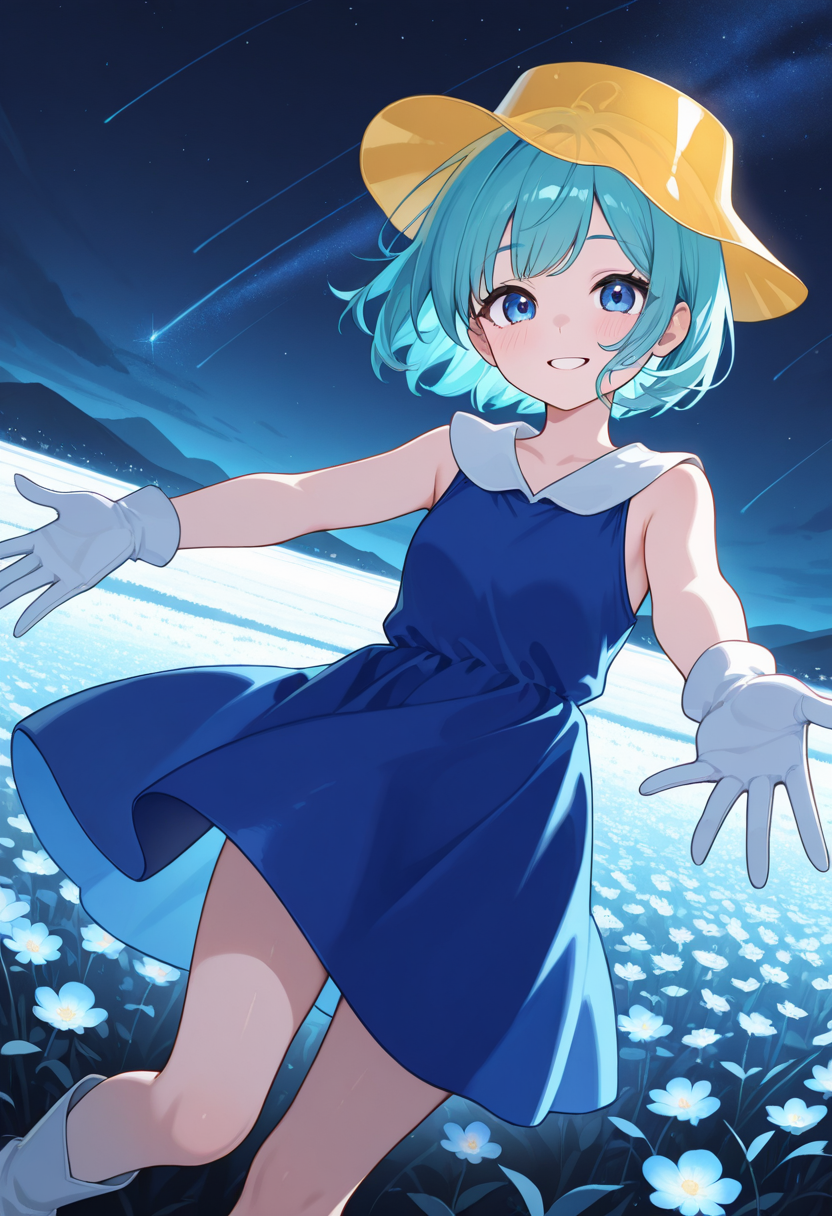 1girl,solo,<lora:minppnil-000012:0.9>,minppn,short hair,blue hair,aqua hair,blue eyes,transparent hat,yellow hat,blue dress,loose shirt,blue shirt,sleeveless,white gloves,boots,looking_at_viewer,cowboy_shot,dynamic_angle,smile,outstretched_arms,night,shooting_star,field,plateau,incredibly absurdres,masterpiece,best quality,good quality,newest,