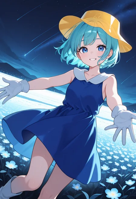 1girl,solo,<lora:minppnil-000012:0.9>,minppn,short hair,blue hair,aqua hair,blue eyes,transparent hat,yellow hat,blue dress,loose shirt,blue shirt,sleeveless,white gloves,boots,looking_at_viewer,cowboy_shot,dynamic_angle,smile,outstretched_arms,night,shooting_star,field,plateau,incredibly absurdres,masterpiece,best quality,good quality,newest,