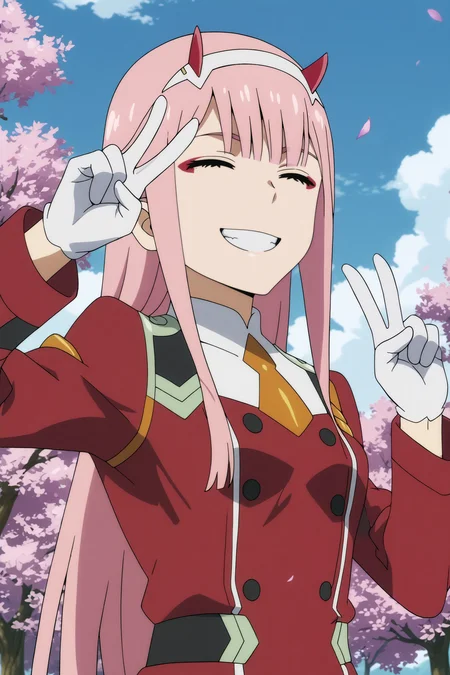 zero two,1girl,solo,long hair,horns,green eyes,smile,bangs,looking_at_viewer, orange necktie,red jacket,short necktie,white gloves,eyeshadow,makeup,eyes closed,peace sign,clenched_teeth BREAK outdoors,blue sky,cloudy_sky,cherry_blossoms <lora:Zero_Two_-_Darling_in_the_franxx.safetensors:0.8> <lora:detailed_backgrounds_v2.safetensors:0.5>