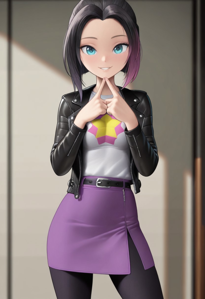 masterpiece, good quality, best quality, dynamic view, original style, screencap,
Zoe, blue eyes, black hair, purple tips, black leather jacket, white shirt, star shirt, purple skirt, black leggings, medium breast,
(solo, seducing, sexy pose, dynamic pose, looking at viewer, cowboy shot)