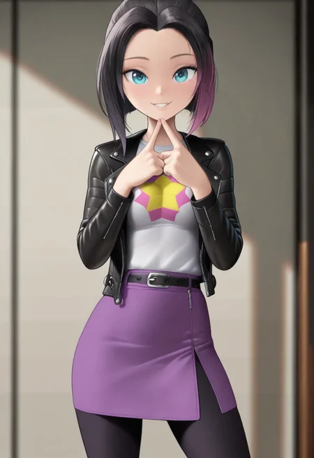 masterpiece, good quality, best quality, dynamic view, original style, screencap,
Zoe, blue eyes, black hair, purple tips, black leather jacket, white shirt, star shirt, purple skirt, black leggings, medium breast,
(solo, seducing, sexy pose, dynamic pose, looking at viewer, cowboy shot)