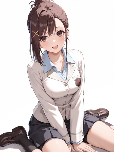 masterpiece,best quality,newest,
1girl,solo,
<lora:sakurai_kanade_ilxl_v1.0:1>,brown hair,single hair bun,x hair ornament,short hair,brown eyes,
k_clothes,uniform,white jacket,shirt,black skirt,black shorts under skirt,black socks,loafers,
<lora:Fixhands_anime_bdsqlsz_V1:1>,wariza,hand on floor,white_background,simple_background,:d,