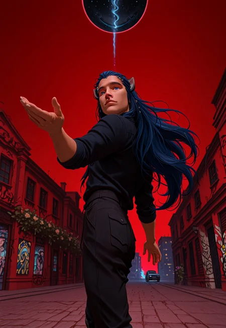 masterpiece, very aesthetic, best quality, absurdres, newest, SMN0UV34UDSK, art nouveau,  1boy, tobias x'voor, animal ears, blue hair, graffiti, cat ears, long hair, red background, road, shirt, solo, outstretched hand, close-up, looking at viewer, cinematic angle, foreshortening, dark, black space, flowers, arc en ciel , negative space,  belle époque, jugendstil, secession, liberty, guimard, mucha, klimt, fin de siècle, anime screencap, retro art style, flat color, 