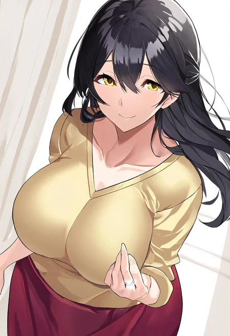 masterpiece,best quality,
<lora:MSIZE_Style_Pony:1>,msize_style,mature female,black hair,yellow eyes,v-neck,sweater,yellow sweater,sleeves rolled up,red skirt,long skirt,wedding ring,collarbone,large breasts,smile,
looking at viewer,cowboy shot,dutch angle,dynamic pose,
