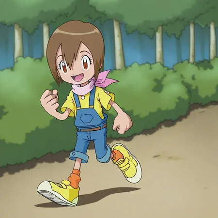 score_9, score_8_up, score_7_up, source_cartoon, prefect lighting, very aesthetic, intricate details, highly detailed background, high quality, prefect hands, best quality, digimon, digimon aventure, young, hikari yagami, brown hair, short hair, brown eyes, pink neckerchief, yellow shirt, short overalls, orange socks, yellow sneakers, running, happy, smile, female focus, outdoors, forest, trees, bush