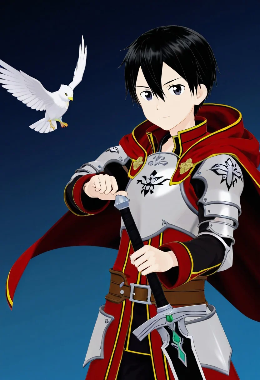 kazuto_kirigaya, kirito, black hair, black eyes, short hair, hair between eyes, 1boy, solo, solo focus, young, youthful, he is dressed in a suit of dark iron platemail. Break. his right hand is holding up a black coloured sword, Properly holding the sword by the hilt, right hand up, brandishing a sword, his armour bears a crest of a yellow dove. fantasy armour. stylized silver dove emblems and symbols on armour and sheild. Break. epic background is a a beautiful palace. a strong wind is blowing his cape, white coloured armour, ready to fight pose, dawn sky in the background