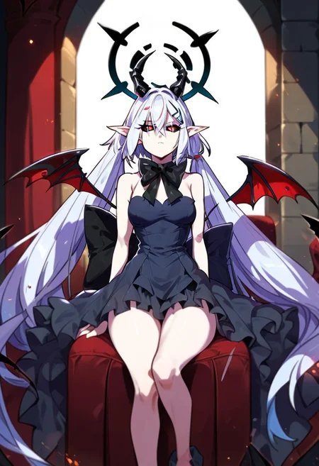 zPDXL3, score_9_up, score_8_up, score_7_up, Anime_source,
1girl, solo, Bai ji, breasts, long hair, dark sclera, hair between eyes, very long hair, white hair, colored skin, pointy ears, halo, horns, skirt, dress, bow, bare shoulders, twintails, frills,wings,bowtie,black skirt, black bow, head wings, castle, indoors, sitting_on, chair, bloodsky, bloodmoon,
