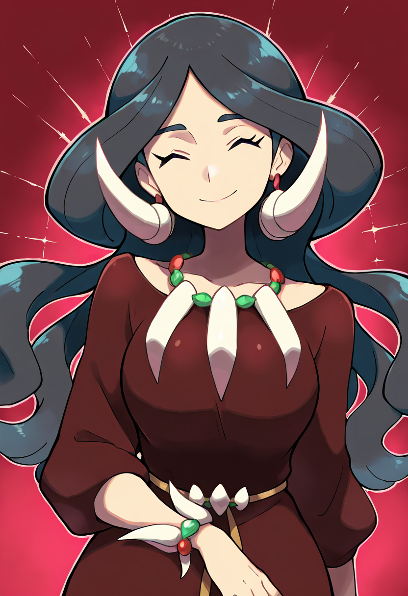 masterpiece, best quality, 1girl, solo, eyelashes, (beautiful eyes), smile, looking at viewer,    zzDrasna, closed eyes, long hair, black hair,  earrings, jewelry, necklace,  brown dress,  ,<lora:DrasnaPokemon_IXL:1.0>,