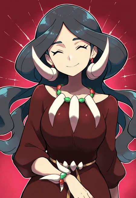 masterpiece, best quality, 1girl, solo, eyelashes, (beautiful eyes), smile, looking at viewer,    zzDrasna, closed eyes, long hair, black hair,  earrings, jewelry, necklace,  brown dress,  ,<lora:DrasnaPokemon_IXL:1.0>,
