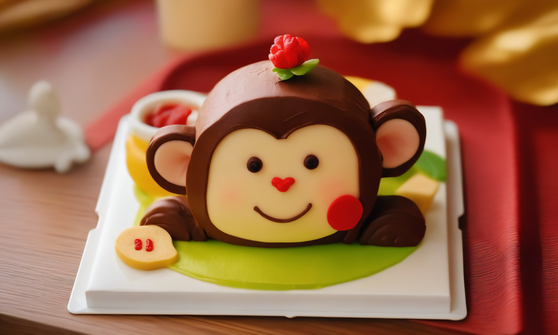 gourmet food photo of <lora:cakecd_xl-000005:0.8>,a single tiered cakecd_xl shaped like a monkey-chibi was placed on the table,simple background,fine art,detailed,indoors,chinese zodiac,tilt-shift,miniature,cute and lovely,still life,from front,looking at viewer,no humans . soft natural lighting,macro details,vibrant colors,fresh ingredients,glistening textures,bokeh background,styled plating,wooden tabletop,garnished,tantalizing,editorial quality,8K,HDR,UHD,masterpiece,best quality,highly detailed,high resolution,finely detail,extremely detailed,ultra detailed,wallpaper