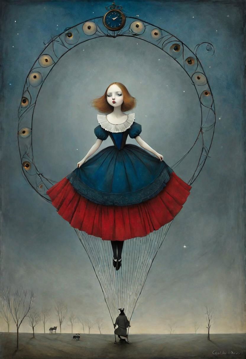 Neo Surrealism, overwhelmed by reason, by Gabriel Pacheco and Max Ernst, existential residues dark shines surrealism, deep blue, gray and dark red color scheme, fantasy Victorian art, magical realism bizarre art, pop surrealism, like Alice in wonderland, whimsical art. Generate an illustration of an anime puppeteer manipulating shadows and strings, symbolizing the art of puppeteer moves in dark psychology. The figure should have a mysterious aura.
