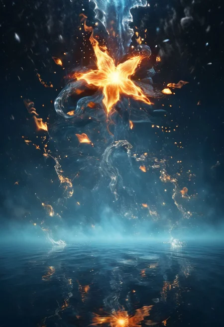 a cosmic flame star rain on top a lake of dark blue water, falling starts, air and earth elements, (masterpiece, best quality, highly detailed,4k, HD, artstation), (magical, air, fire, water, earth:1.2), (composed of fire elements, watereffects, style-paintmagic:1.0)
