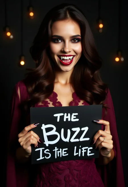Vampyfangs1 , Vampnoir , fangs, beautiful and sexy female vampire, wearing an ornate lace dress, night, holding a sign that reads "The Buzz Is The Life.", looking at viewer, smiling, mouth open, fangs showing