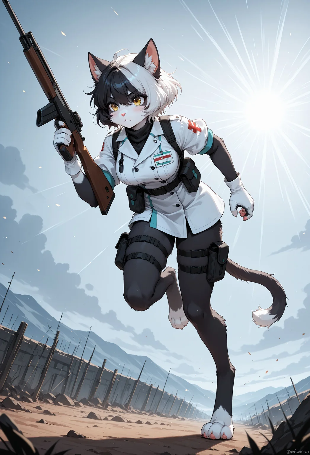 score_9, score_8_up, score_7_up, screencap, (solo), sfw BREAK 1girl, ErwinWA, furry, anthro, feline, white and black fur, short hair, animal ears, cat tail, medic uniform, digitigrade legs, Erwinhair, yellow eyes, holding a rifle BREAK on the battlefield, head leans forward, extremely detailed, cinematic soft lighting, tranquil setting, running, epic lighting, dim light, detailed background, sharp focus, extremely detailed, high detail, dynamic angle, dynamic pose