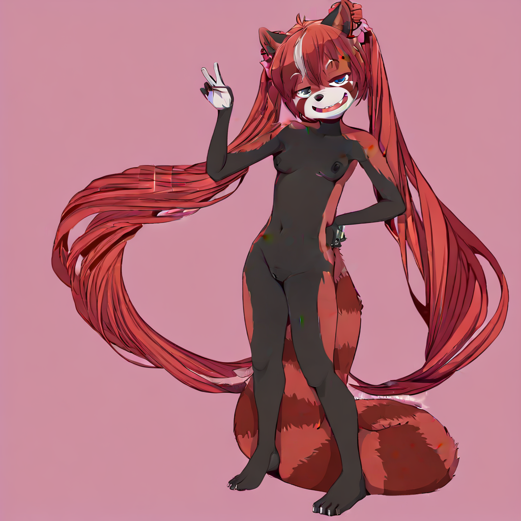 red panda, ailurid, red hair, twin tails, red body, red fur, black body, black fur, small breasts, nipples, dark nipples, pussy, clitoris, cleft of venus, nude, standing, solo, looking at viewer, blue eyes, red panda ears, red panda tail