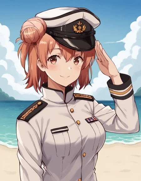score_9, score_8_up, score_7_up, source_anime, <lora:yui-yuigahama-s2s3-ponyxl-lora-nochekaiser:1>, yui yuigahama, short hair, brown eyes, orange hair, hair bun, single hair bun, large breasts,, <lora:kancolle-admiral-cosplay-ponyxl-lora-nochekaiser:1>, kancolle admiral cosplay, admiral (kancolle) (cosplay), naval uniform, cosplay, military uniform, military, peaked cap,, beach, salute, blush, smile, cowboy shot, looking at viewer,