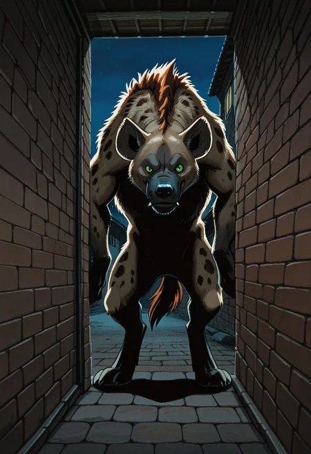 lazypos, retro_artstyle, masterpiece, best quality, amazing quality, cinematic ambiance, deep contrast, rich color tones, anime, solo, Werehyena, Monster, hyena, anthro, upperbody, obscured, peeking_around_corner, peeking out,hiding behind brick wall, looking at viewer, low angle, night, slum, urban, animation artstyle, dark, shadows,