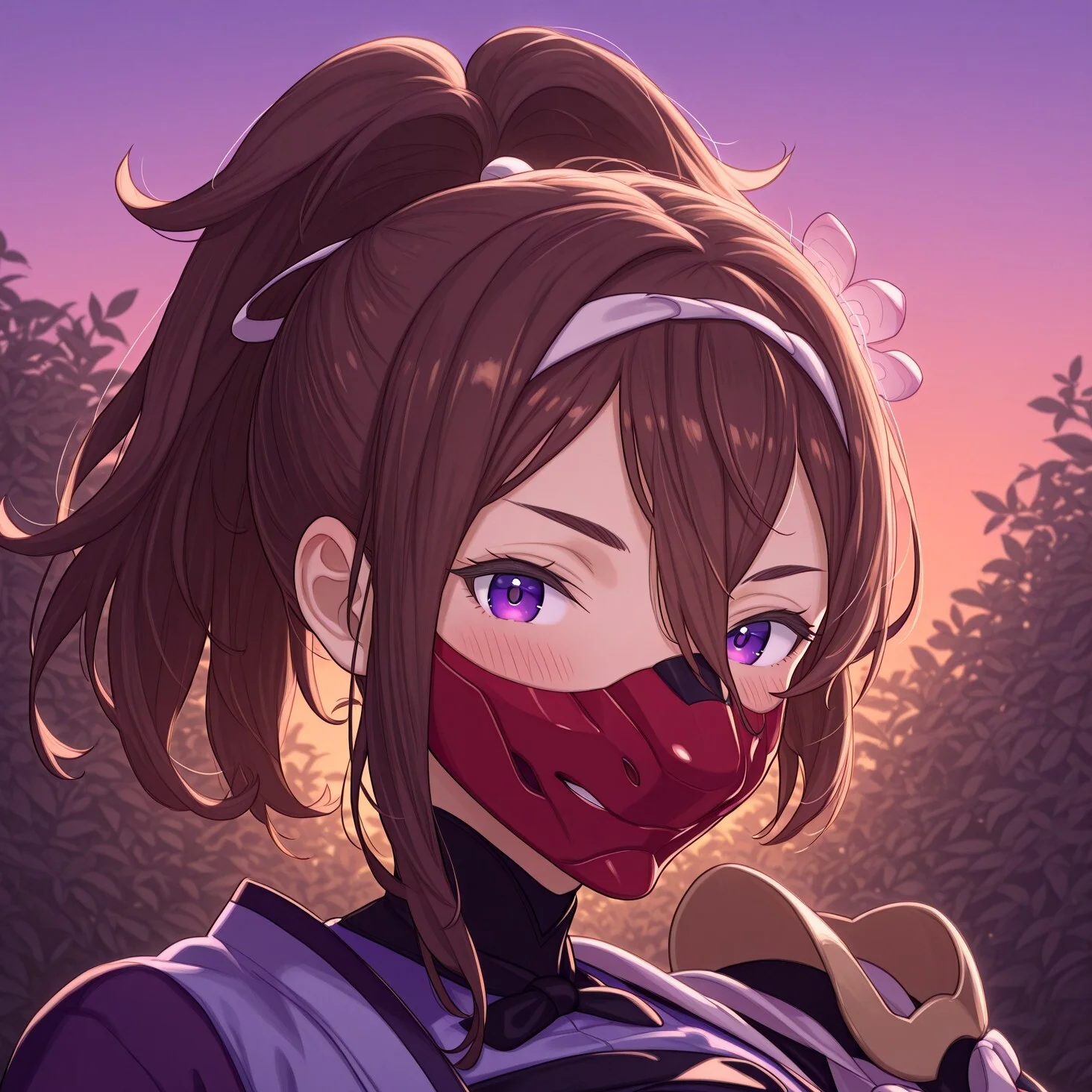 1girl, solo, realistic, realistic lighting, realistic coloring, (blush, sexy, smile, sexy,face focus, portrait, close-up), looking at viewer,Yachiyo, brown hair, ponytail, purple eyes, armoredyachiyo, ninja mask, red shoulder pad, single soulder pad, ninja, purple kimono, cleavage cutout, BREAK, Masatsugu Saito, Garden, sunset, orange sky, purple sky,