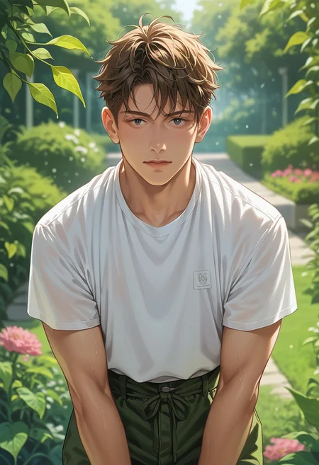 score_9, score_8_up, score_7_up, rating_safe, 1boy, Oren Diamond, otoko no ko, solo_male, nature, garden,