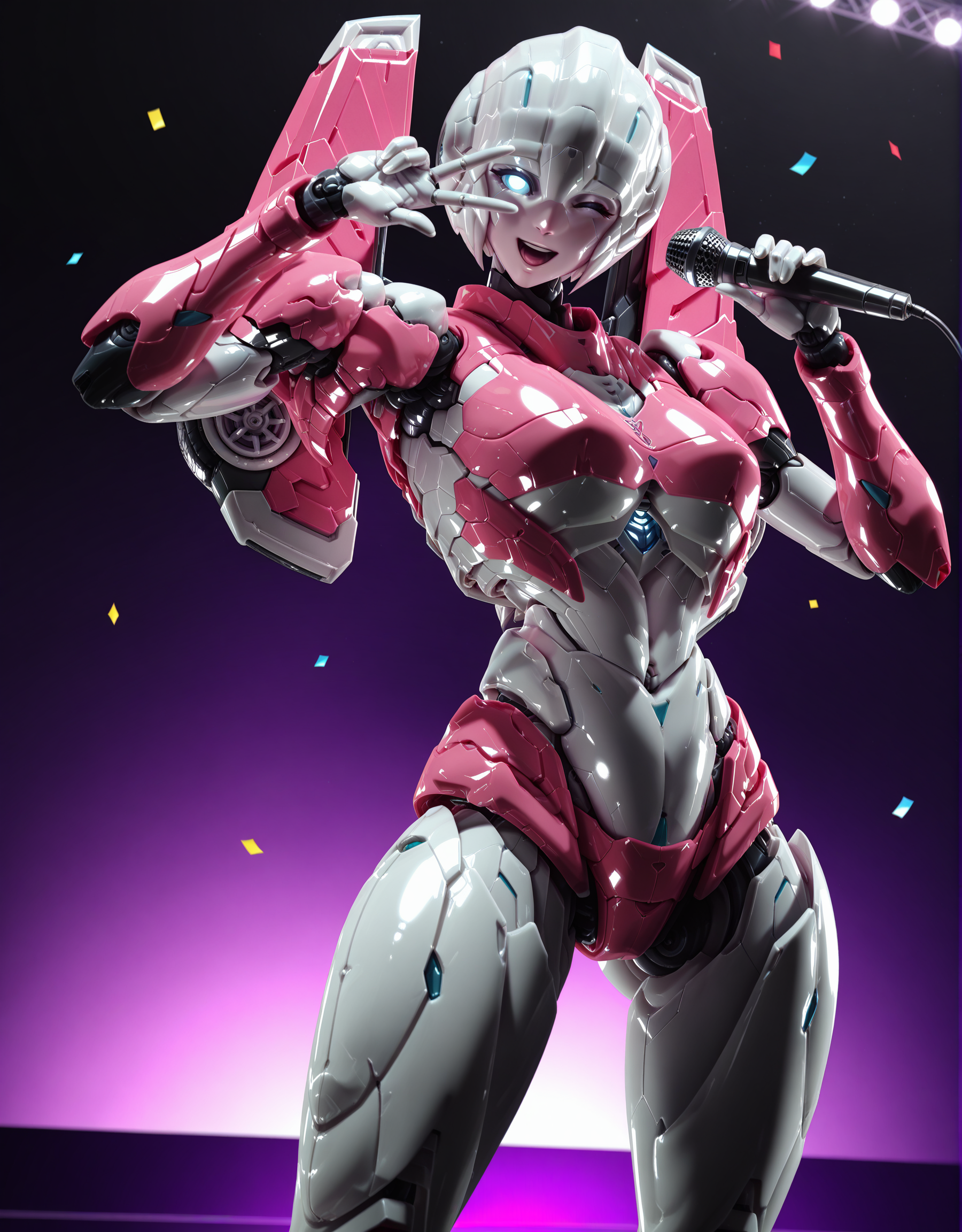 masterpiece, best quality, good quality, very aesthetic, hyper detailed, digital painting, trending on ArtStation, absurdres, newest, 8K, anime screencap, detailed background, offical art, very aesthetics of fine arts, <lora:spo_sdxl_10ep_4k-data_lora_webui:1>, lazypos, <lora:Latex_MBA_style:1>, 
<lora:furaiarceeTF-IL:1>, furaiarcee\(transformers\), 1girl, mecha, blue eyes, glowing eyes, no pupils, robot, solo, autobot, science fiction, no humans, breasts, detailed body, <lora:handPatchUnet:1>, detailed_hands, elegant_fingers, cowboy shot, looking at viewer, holding microphone, v over eye, one eye closed, :d, legs apart, concert, stage, confetti, bubble