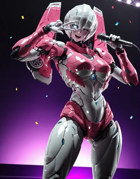 masterpiece, best quality, good quality, very aesthetic, hyper detailed, digital painting, trending on ArtStation, absurdres, newest, 8K, anime screencap, detailed background, offical art, very aesthetics of fine arts, <lora:spo_sdxl_10ep_4k-data_lora_webui:1>, lazypos, <lora:Latex_MBA_style:1>, 
<lora:furaiarceeTF-IL:1>, furaiarcee\(transformers\), 1girl, mecha, blue eyes, glowing eyes, no pupils, robot, solo, autobot, science fiction, no humans, breasts, detailed body, <lora:handPatchUnet:1>, detailed_hands, elegant_fingers, cowboy shot, looking at viewer, holding microphone, v over eye, one eye closed, :d, legs apart, concert, stage, confetti, bubble