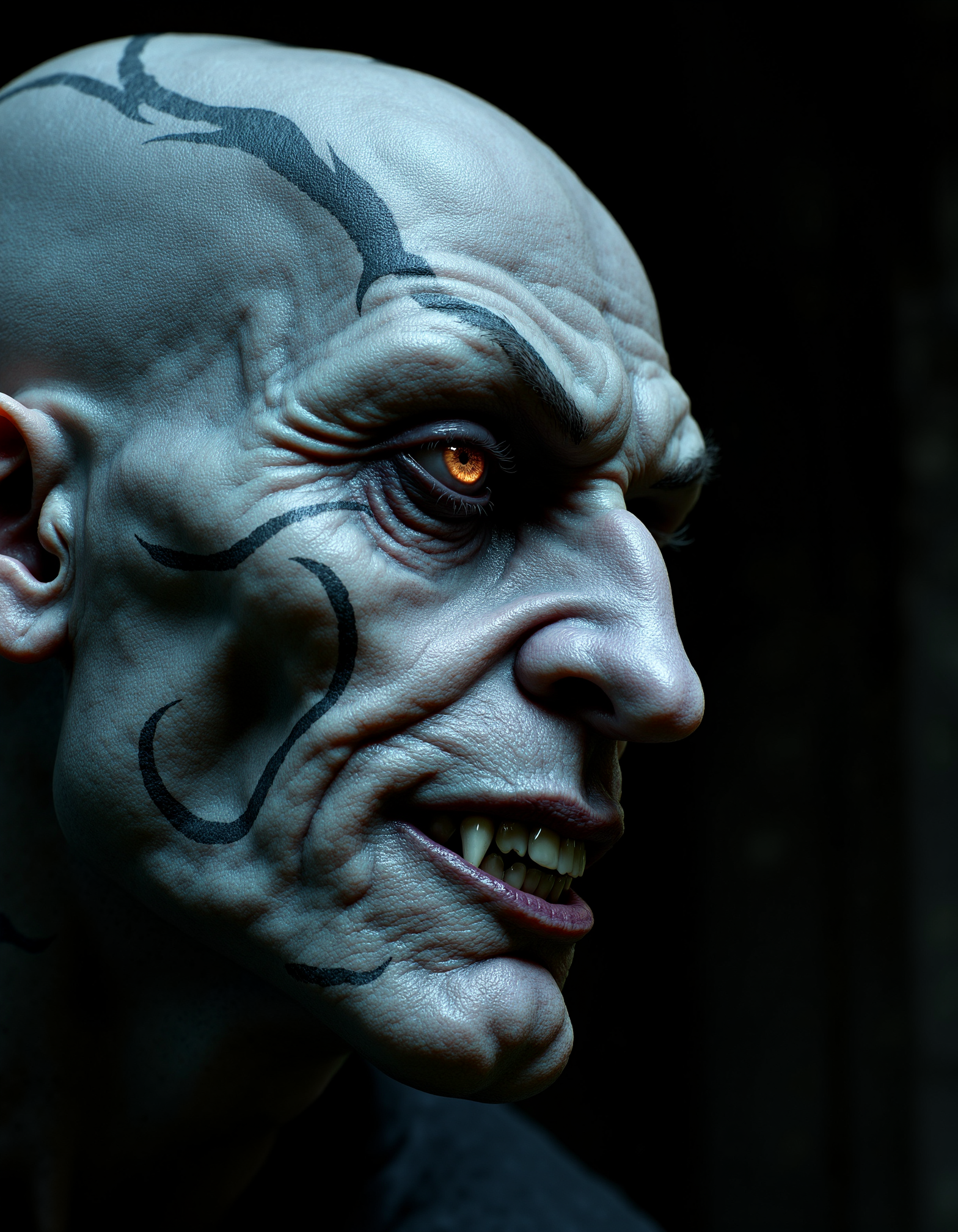 zavy-vmpr, Extreme close-up in side profile, a dark vampire with intricate black tattoos spiraling across his pale skin and delicate pointed ears, a smirk revealing elongated fangs and glinting amber eyes filled with ancient wisdom and mischief, shot in a surreal chiaroscuro style that emphasizes sharp contrasts and deep shadows, a moody palette of deep indigos and ashen grays punctuated by vibrant crimson highlights.