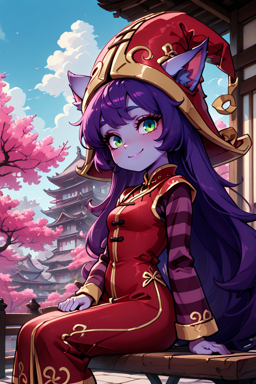 masterpiece, best quality, 1girl, solo, 21 year old model, eyelashes, (beautiful eyes),     ,,, <lora:LuluLeagueoflegendsIXL:1.0>, zzLulu, long hair, bangs, animal ears, green eyes, purple hair, colored skin, purple skin, long sleeves, hat, dress, red dress, red headwear, ears through headwear, striped sleeves, yordle,,,,sitting on bench, side view, looking at viewer solo, smile, pnkBldng, sky, day, cloud, tree, blue sky, building, architecture, east asian architecture,  <lora:PinkBuildingIXL_v2:1.0>, <lora:GoldenCATLoraIXL:0.6>,