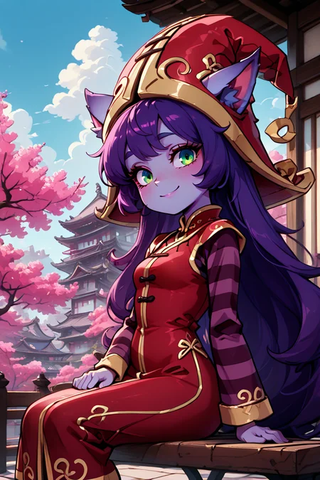 masterpiece, best quality, 1girl, solo, 21 year old model, eyelashes, (beautiful eyes), ,,, <lora:LuluLeagueoflegendsIXL:1.0>, zzLulu, long hair, bangs, animal ears, green eyes, purple hair, colored skin, purple skin, long sleeves, hat, dress, red dress, red headwear, ears through headwear, striped sleeves, yordle,,,,sitting on bench, side view, looking at viewer solo, smile, pnkBldng, sky, day, cloud, tree, blue sky, building, architecture, east asian architecture, <lora:PinkBuildingIXL_v2:1.0>, <lora:GoldenCATLoraIXL:0.6>,