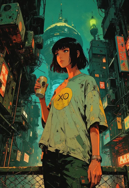 A full-body dramatic photograph of a girl, cyberpunk. She stands on a metal mesh fence overlooking a densely packed futuristic cityscape, neon lights reflecting off her pale skin. Her short, straight black hair frames her sharp features, and her eyes glow faintly under the artificial light. She wears an oversized white T-shirt with a bold yellow circle and the letters "XO" in the center, the fabric slightly worn. Her left hand grips a soda can, condensation dripping down its metallic surface, while her right rests on the fence, fingers lightly curled. The city behind her is a labyrinth of towering structures in deep teal, green, and metallic hues, laced with glowing holographic advertisements and tangled wires. A massive blue-lit dome stands in the distance, its curved surface reflecting the pulsing energy of the streets below. Signs flicker, air conditioning units hum, and distant figures move through the neon-drenched haze. The sky is a solid teal, stretching endlessly, interrupted only by a faint green neon glow in the upper right corner. The scene captures the isolation and intensity of cyberpunk life, blending gritty realism with a dreamlike, electrified atmosphere. in the style of cksc,