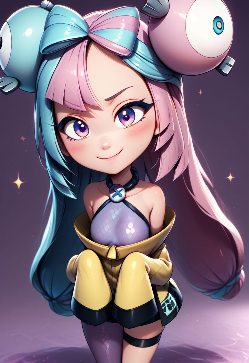(score_9, score_8_up:1.1), score_7_up, 
subsurface scattering, 
purple theme background,glitter,sparkles,shiny,1girl, Live - action adaptation of a 3d character,  1girl, solo, 
BREAK,
curvy, 
zzionopokemon, solo, 1girl,  long hair, pink eyes, blue hair, pink hair, light blue hair, multicolored hair, bow-shaped hair, yellow jacket, sleeves past fingers, single leg pantyhose, thigh strap, 
BREAK, 
charming face, smile, closed mouth, blushing, looking at viewer,