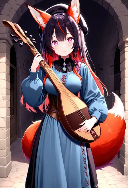 masterpiece, high quality, best quality, highres, 1girl, Kannachan, (Pink glowing eyes:0.5), red and black tail, medieval, bard, lute, beret, bard's clothing, fox tail, playing the lute, fox ears dropped down