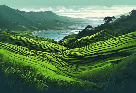landscape concept art, Philippines rice terraces, coast, ocean, battlefield, green and blue tones, black tones, dark tones, subtle scifi features, battlefield background, deep shadows, ((graphic novel sketch, black sketch lines, low-key cinematic lighting, thick ink outlines, digital oil painting, posterized, cel shading, vector illustration, tenebrism, bold brush strokes, subtle colors))