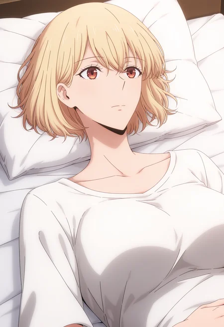 <lora:Hae In CHA:1>,
Hae-In CHA, solo, pillow, lying, on back, shirt, nishikigi chisato, breasts, collarbone, closed mouth, on bed, upper body, bed