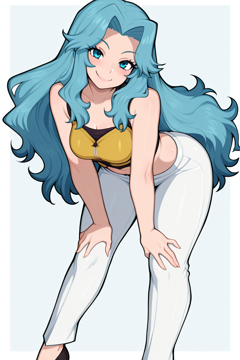 masterpiece, best quality, 1girl, solo, 21 year old model, eyelashes, (beautiful eyes),     ,,,zzKaren, blue eyes, blue hair, long hair, yellow crop top, white pants, high heels, <lora:KarenPokemonIXL:1.0>, ,,, smile, looking at viewer, leaning forward, head tilt, blush,,,  <lora:AfrobullIXL_v1:1.0>, <lora:ZankuroIXLLight_v2:0.6>, <lora:princess_xl_v2:0.3>,