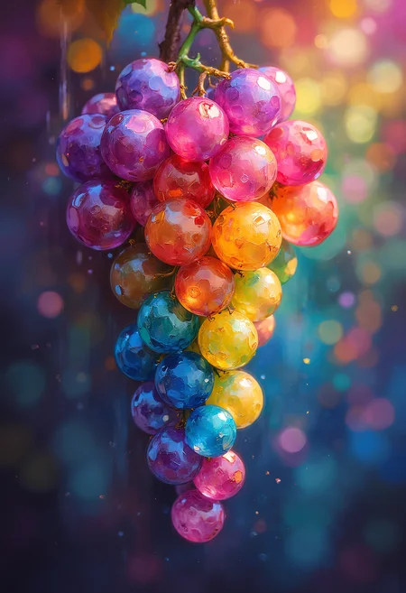 Painterly, Rainbow colored grapes, surreal, vibrant glow, bokeh, 8k