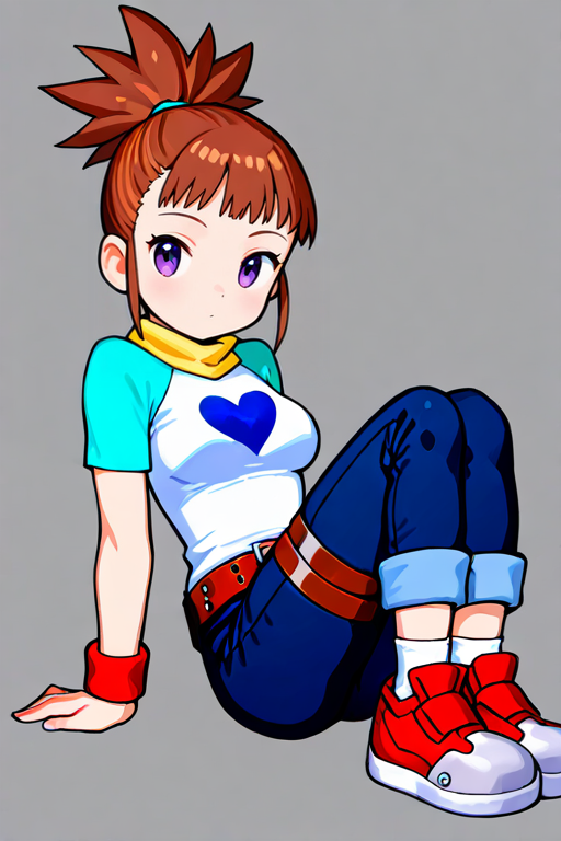 masterpiece, High quality, Ultra detailed, 2d, newest, absurdres, highres, BREAK
1girl, solo, <lora:makino_ruki:0.8>, ruki_makino, high ponytail, brown hair, purple eyes, 
medium breasts, rukidef, raglan sleeves, scarf, t-shirt, heart print, wristband, belt, pants, jeans, thigh strap, pants rolled up, socks, shoes, 
full body, sitting, looking at viewer,