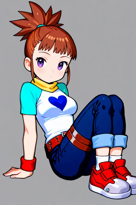 masterpiece, High quality, Ultra detailed, 2d, newest, absurdres, highres, BREAK
1girl, solo, <lora:makino_ruki:0.8>, ruki_makino, high ponytail, brown hair, purple eyes, 
medium breasts, rukidef, raglan sleeves, scarf, t-shirt, heart print, wristband, belt, pants, jeans, thigh strap, pants rolled up, socks, shoes, 
full body, sitting, looking at viewer,