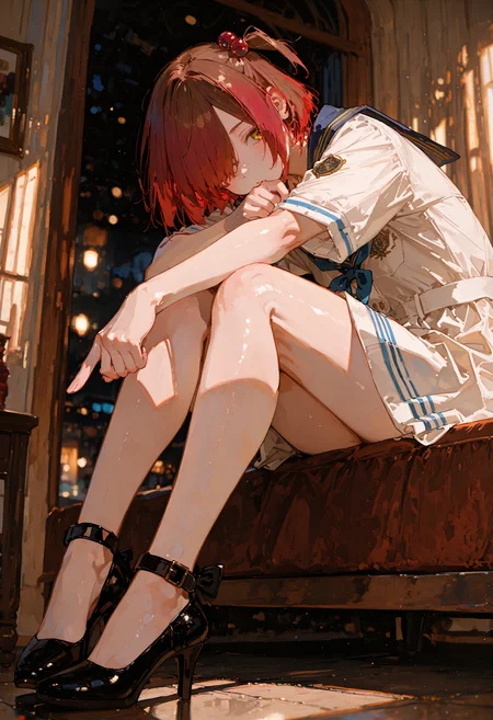 perfect quality,high quality,masterpiece,absolutely eye-catching,ambient occlusion,raytracing,best quality,amazing quality,very aesthetic,absurdres,available light,Cinematic Lighting,depth of field,newest,
rotated,panorama,sideways_glance,
1girl,yellow eyes,short hair,red hair,brown hair,bangs,side ponytail,one side up,hair over one eye,hair bobbles,komarichika cyql,
Sailor collar dress,ankle-strap heels,
leaning,finger_gun,
qxys,748cmstyle,EtherStyle,<lora:spo_sdxl_10ep_4k-data_lora_webui:0.7>,<lora:96YOTTEA-WAI:0.3>,<lora:illustrious_all_rated_v1:0.7>,<lora:748cmSDXL:0.9>,<lora:EtherSDXL:0.5>,<lora:Komari Chika_Illustrious by Cyql:0.8>,