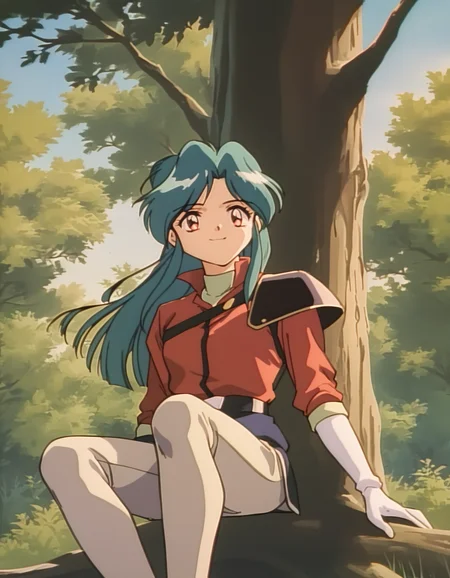 score_9,  score_8_up, score_7_up, source_anime, <lora:diana-minerva-ponyxl:0.9> 1girl, solo, mnkda, uniform, red shirt, single shoulder pad, sitting, smile, against tree