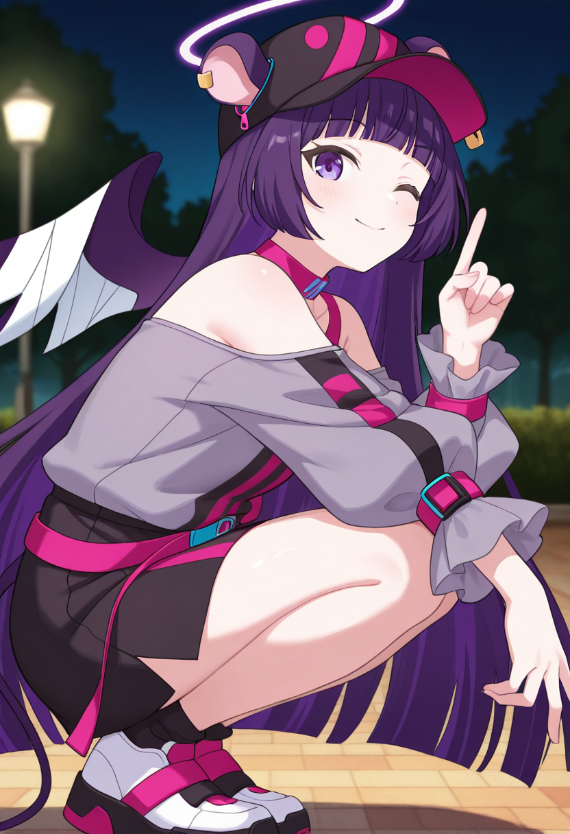 1girl,solo,<lora:shimmakkil:0.9>,shimmakk_(show_by_rock!!),blue eyes,halo,purple eyes,purple hair,long hair,blunt bangs,ear piercing,animal ears,multicolored wings,tail,long sleeves,off-shoulder shirt,grey shirt,puffy long sleeves,bare shoulders,black headwear,baseball cap,pink belt,black skirt,looking_at_viewer,from_side,black ankle socks,smile,leaning_forward,squatting,knees_to_chest,reaching,wink,index_finger_raised,night,park,masterpiece,best quality,good quality,newest,incredibly absurdres,
