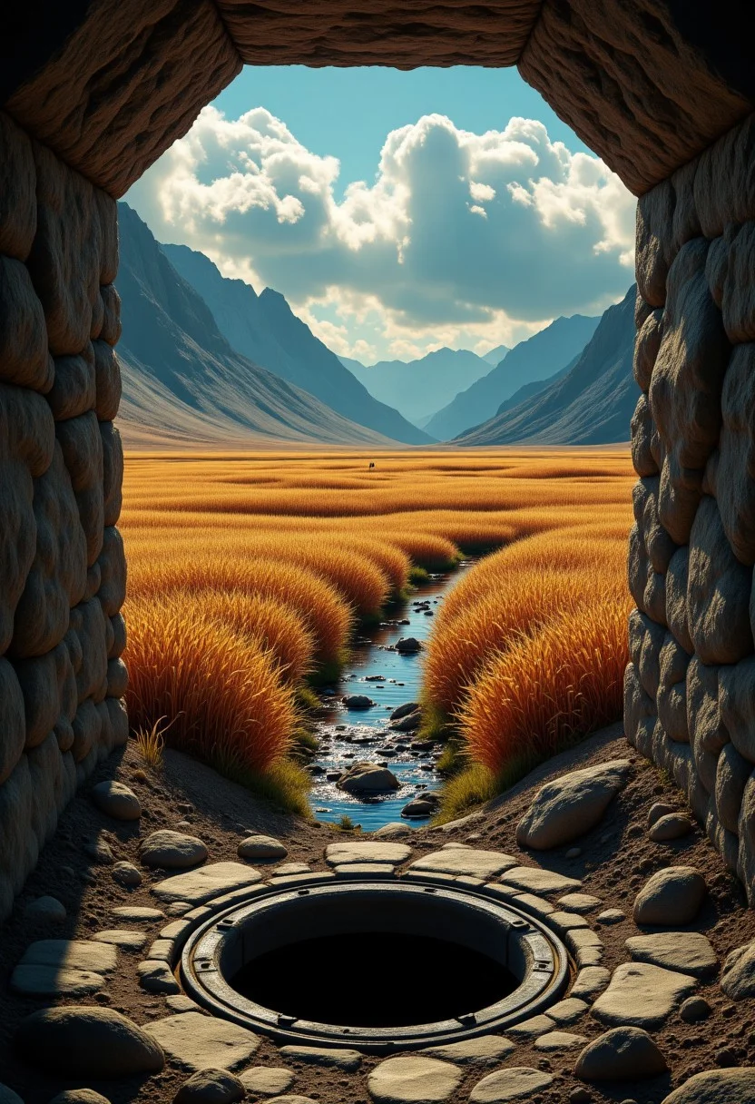 M1CR0CUB3D, cube world, underground, cross section, prairie, wheat field, single manhole, tunnel, sci-fi bunker, subway tracks, area 51
