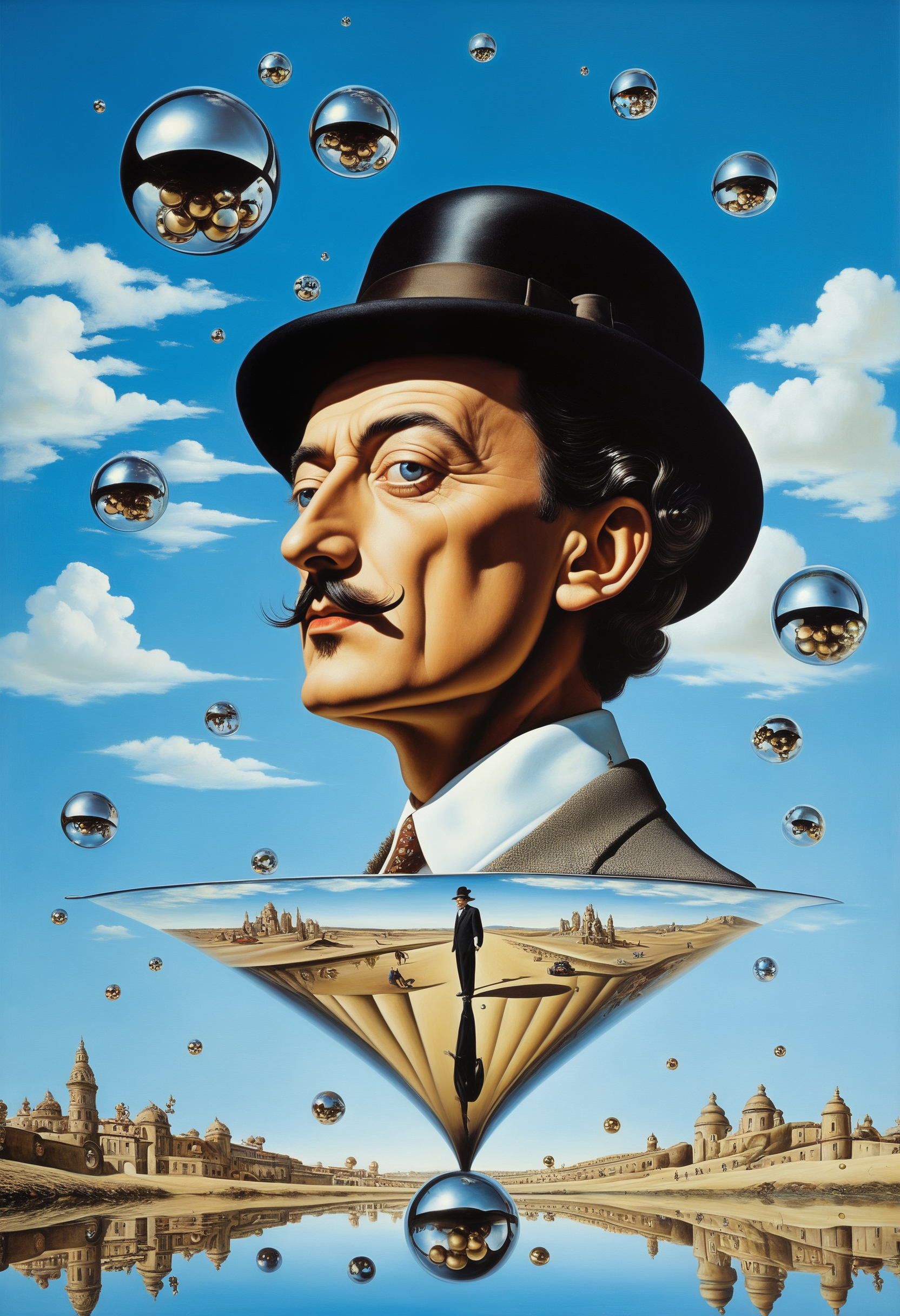embedding:lazympos, salvador dali, surrealism, man, bowler hat sky, chrome balls, reflection <lora:Challenge_Winnifier_2025-03:0> <lora:Balls_of_Chrome_Steel:0.3>
