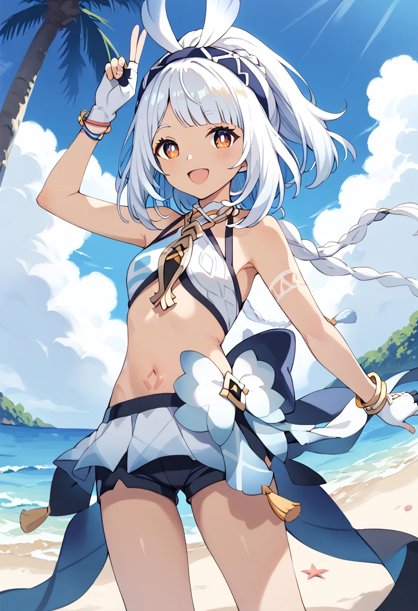 score_9, score_8_up, score_7_up, BREAK
mualani \(genshin impact\), 1girl, solo, open mouth, v, dark-skinned female, smile, looking at viewer, bare shoulders, arm tattoo, leg tattoo, stomach tattoo, bodypaint, white hair, summer, blue sky, cloud, palm tree, ocean, beach, long hair, eyebrows visible through hair, v over eye, :d, silver hair, arm up, orange eyes, armpits, bracelet, red eyes, ponytail, small breasts, braided ponytail, brown eyes, hair ornament, hand up, blunt bangs, white gloves, bracelet, fingerless gloves, hand on hip, sidelocks, eyelashes, short hair, showgirl skirt, waist cape, tassel, black shorts, yellow eyes, blush, parted bangs, bare arms, white bikini, blue hair, black hairband, bright pupils, blue hairband, halterneck, halter top, bikini top, crop top, white bikini, fingernails, w, ass visible through thighs, swept bangs, clothing cutout, hair ribbon, hand on own hip
<lora:mualani_genshin_impact_sdxl_locon_pony_v1:0.7>