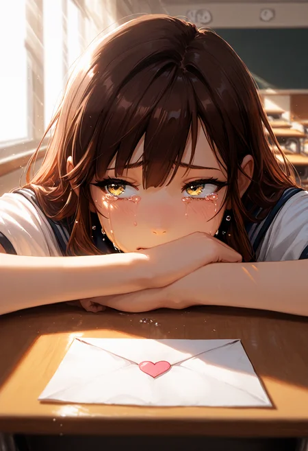 incredibly absurdres, highres, masterpiece, newest
1girl,
long hair, brown hair, crying, tears, looking to the side, yellow eyes,
close up, straight-on, depth of field, light rays,
indoors, classroom, desk, sitting, love letter,
<lora:ponyv6_noobV1_2_adamW:0.5> <lora:NOOB_vp1_detailer_by_volnovik_v1:0.3> <lora:0d28507d-6abc-443d-9c00-5f399ab8c7eb.TA_trained:0.15> <lora:klskx_wai:0.7> <lora:illustrious_noobai_epsilon_pred_1_masterpieces_v1:0.7>